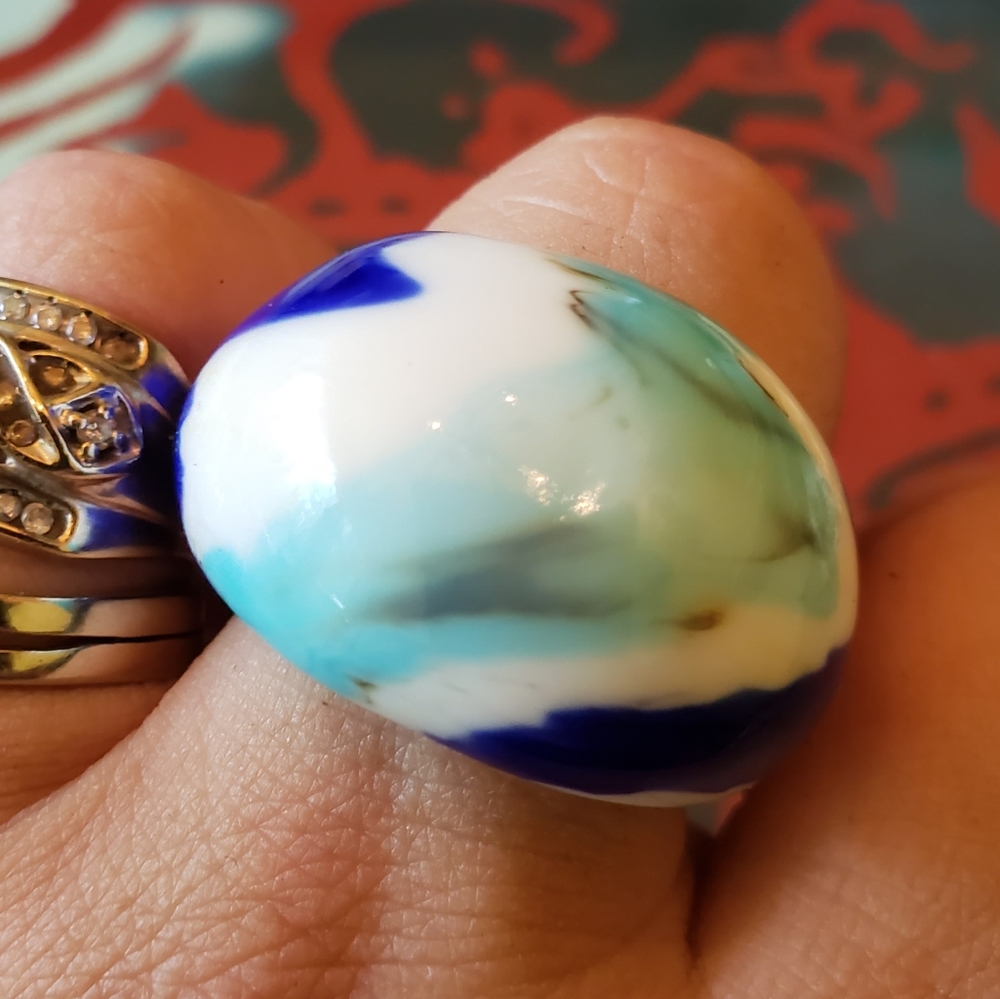 Vintage Ring Chunky Marbled Glass Retro Bl…